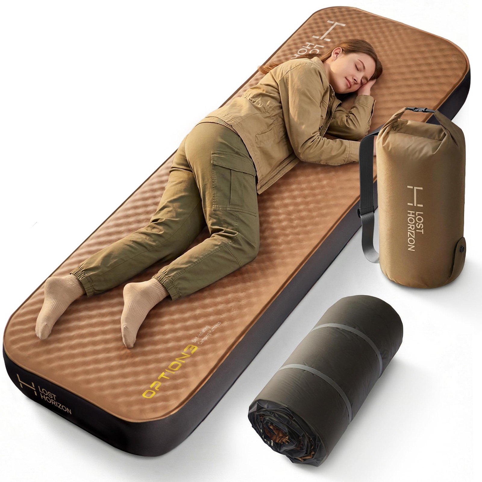 Lost Horizon Air & Foam Camping Mattress, Self-Inflating Sleeping Cot, Brown