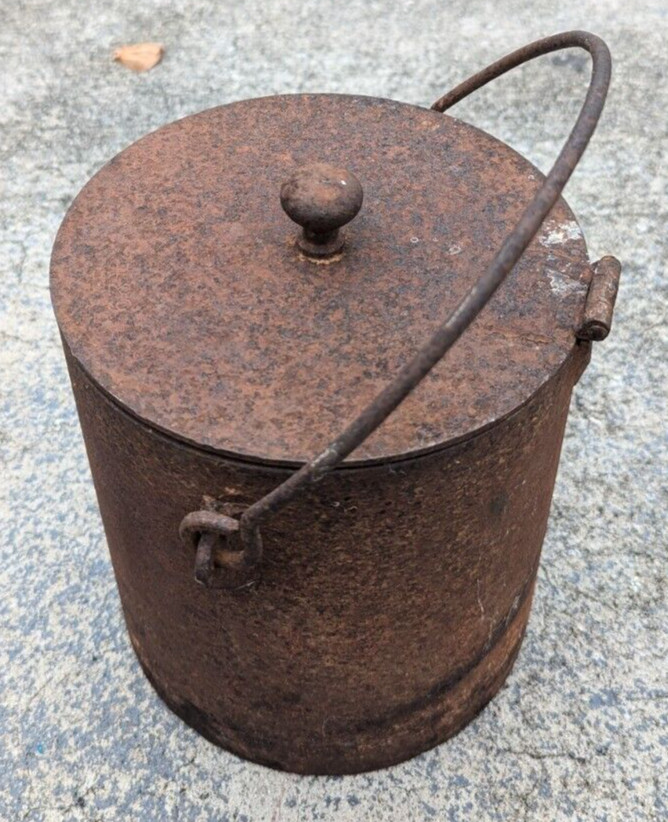 Vintage Cast Iron Cylinder Pot Hinged Lid For Melting (?)