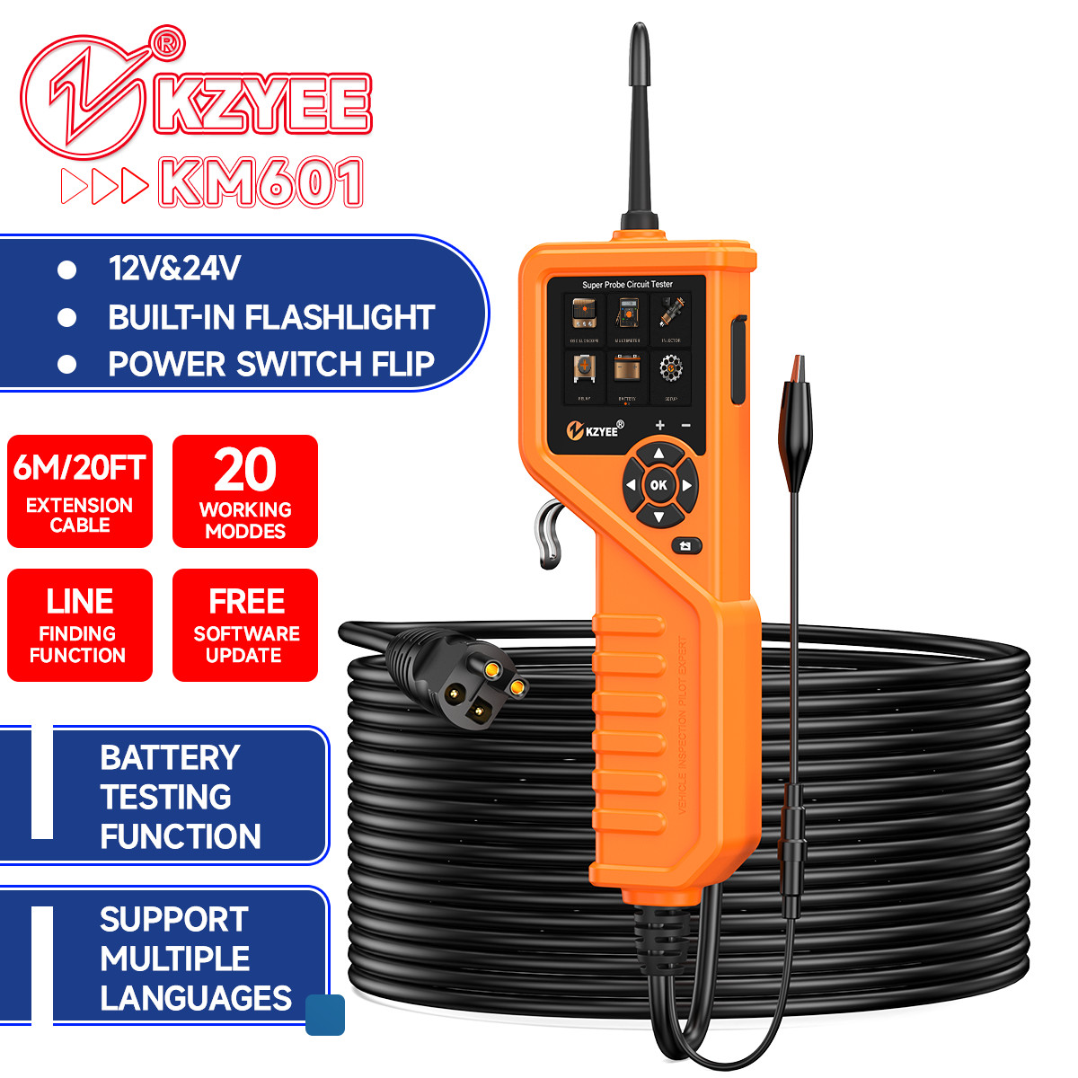 KZYEE KM601 Car Electrical Circuit Tester with Battery/Relay/Fuel Injector Test