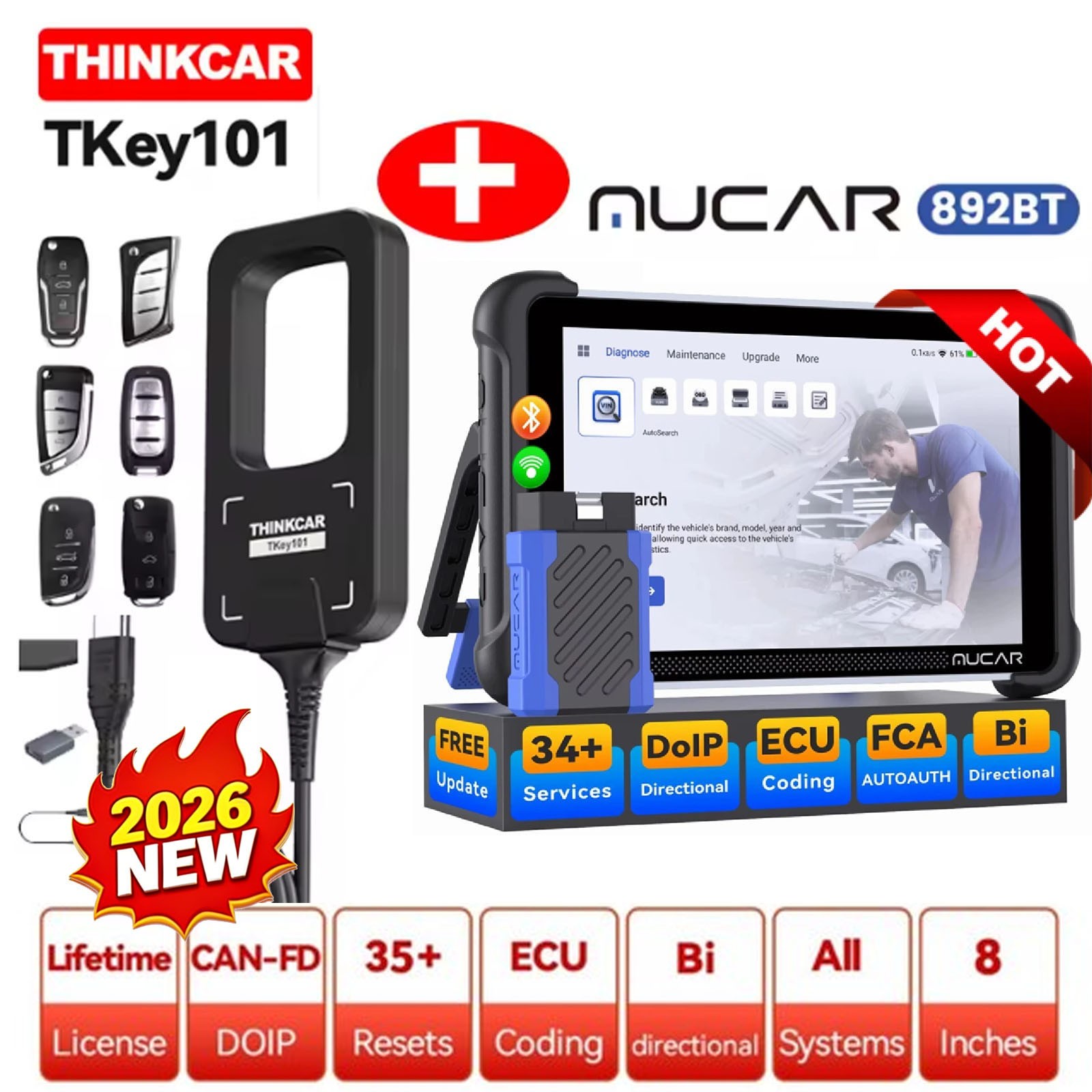 2026 MUCAR 892BT+Thinkcar TKEY101 Car Key Programmer Tool Car Bidirectional Scan