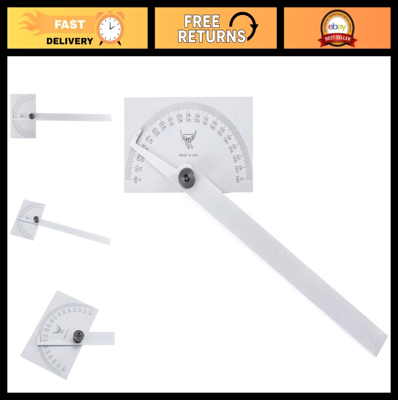 Stainless Steel Angle Protractor - 6" Blade, Double Graduation, Bevels & Radial
