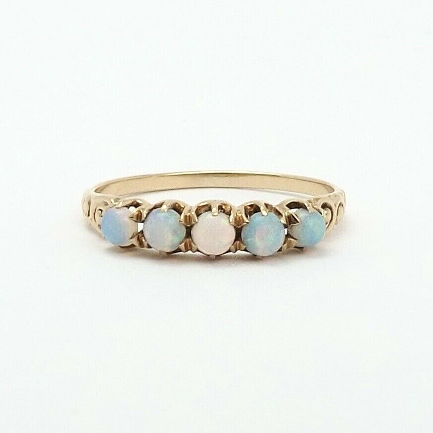 Victorian Solid 10k Gold Opal Wedding Band Ring Fiery Colors 5 Stone Setting