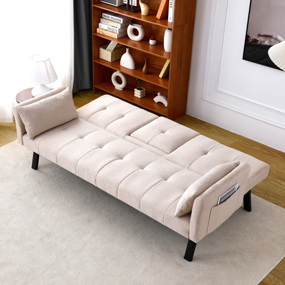 70" Cotton Linen Sofa Bed, Foldable Sofa w/Cup Holder& Storage,Multi-Functional