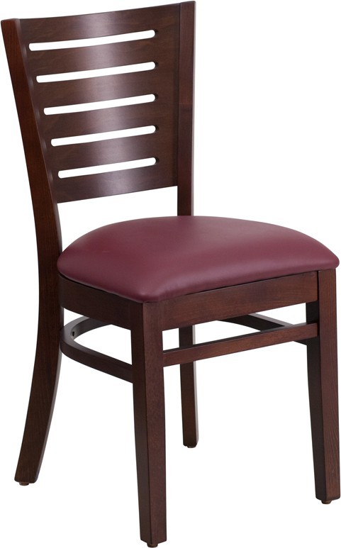 Slat Back Walnut Wood Finish Restaurant Chair with Burgundy Vinyl Seat