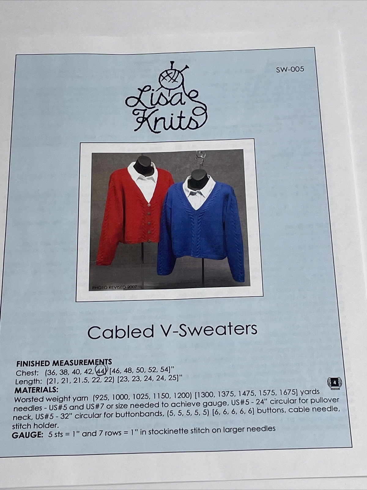 Lisa Knits Cabled V Sweaters Knitting Pattern SW-005