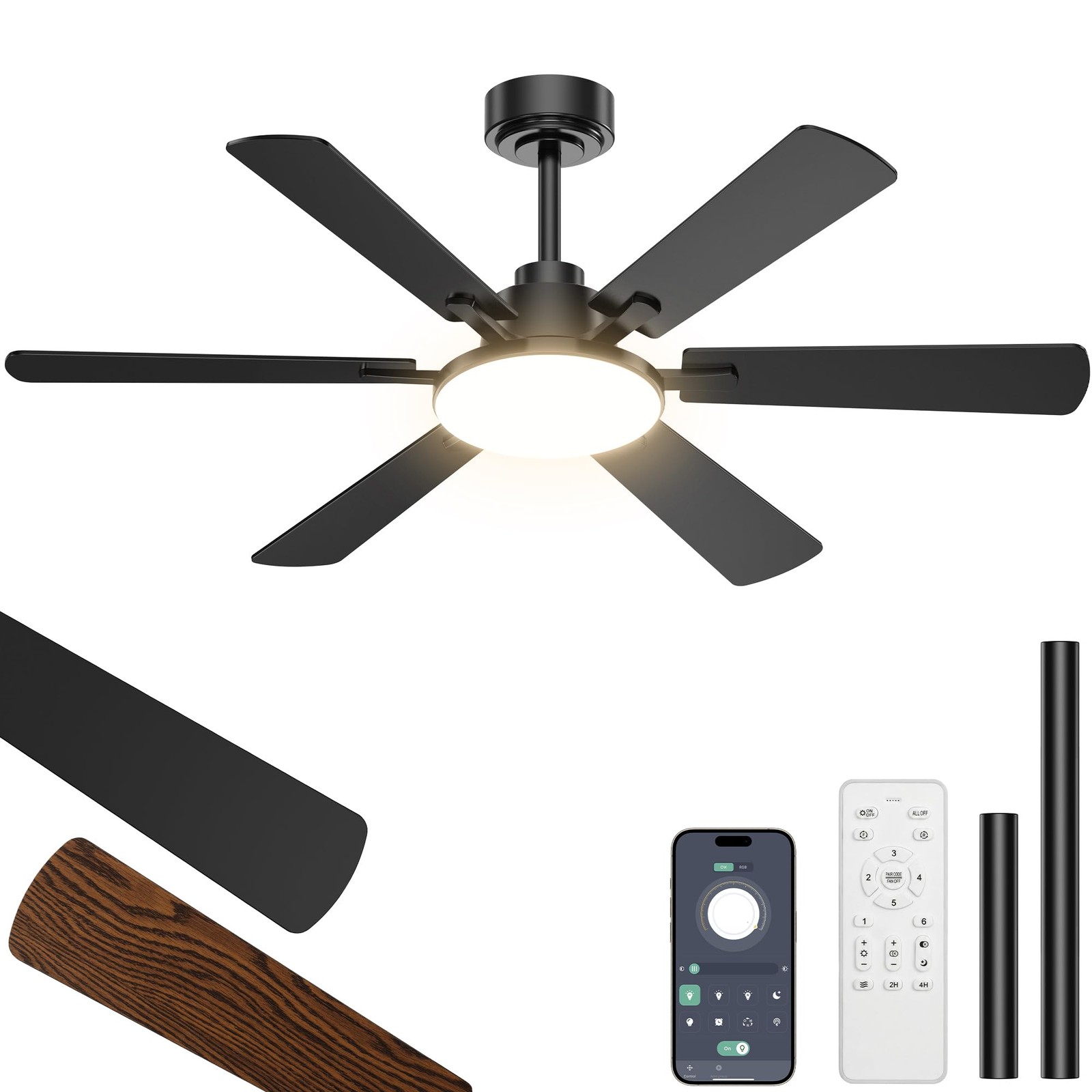 52 Inch Ceiling Fans with Lights, 6 Double Sided Blades, Ultra Quiet Reversib...