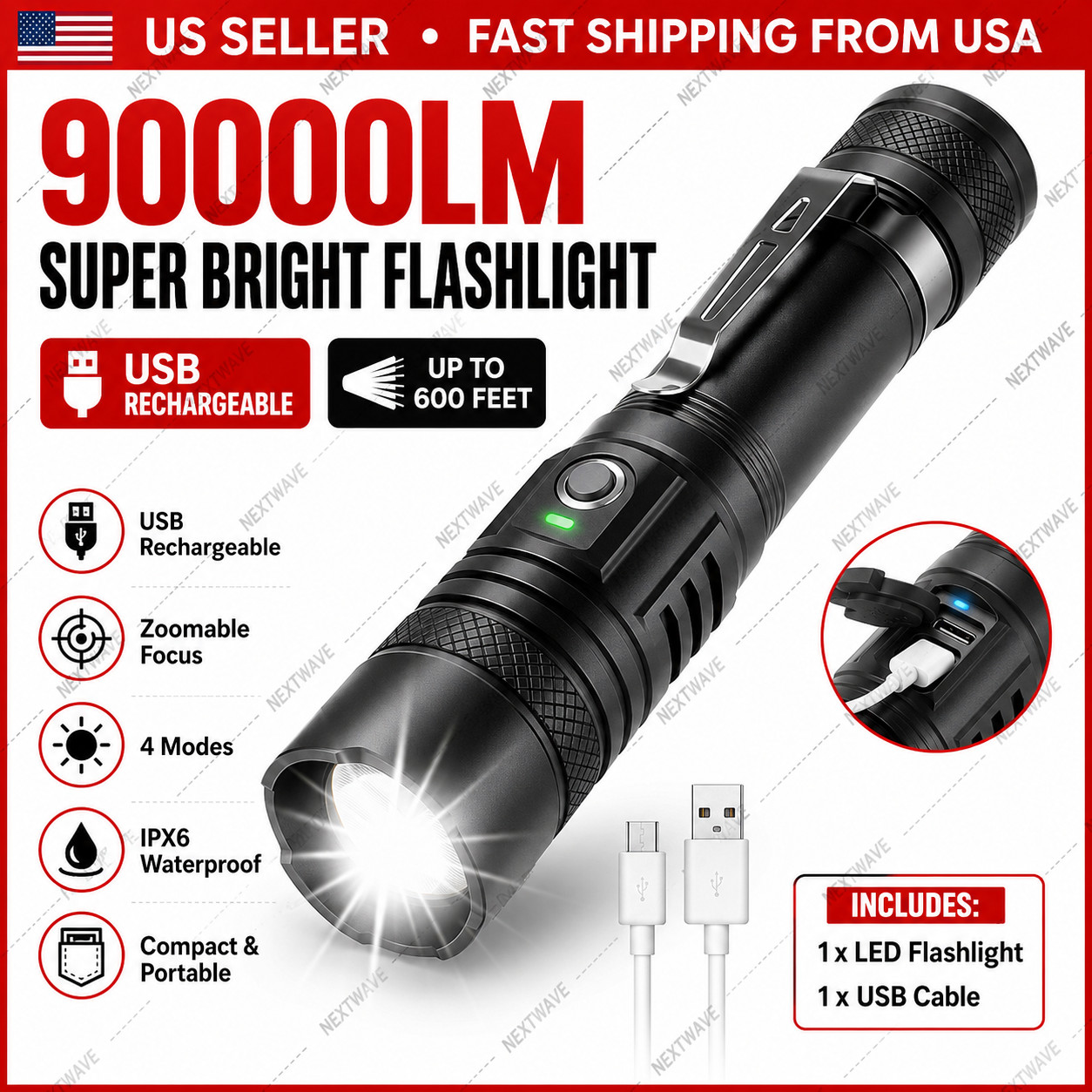 Rechargeable XML-T6 LED Flashlight Zoomable Waterproof USB Torch