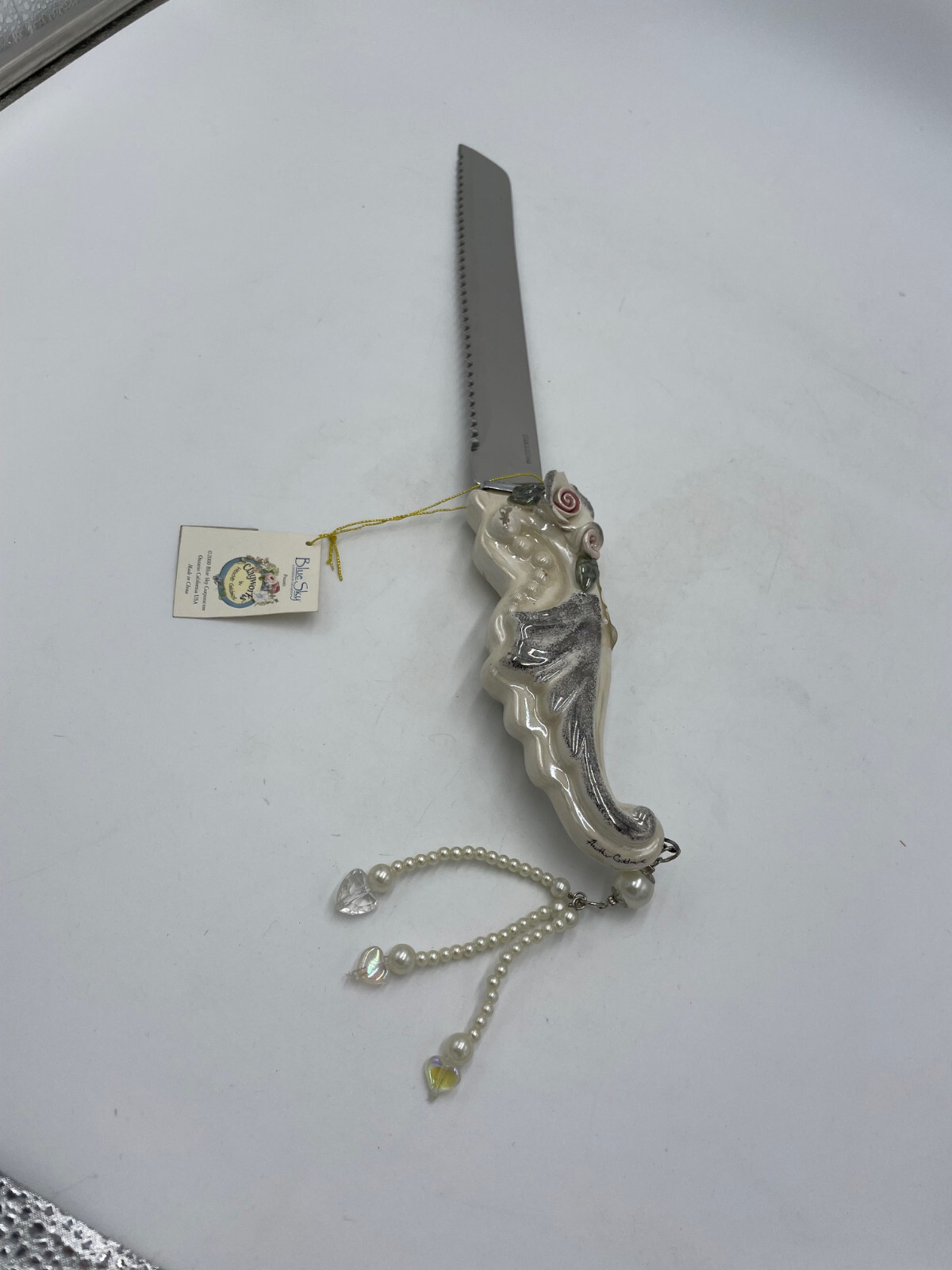 Cake Knife Blue Sky ClayWorks Porcelain Stainless Steel Floral Pearls TW50864