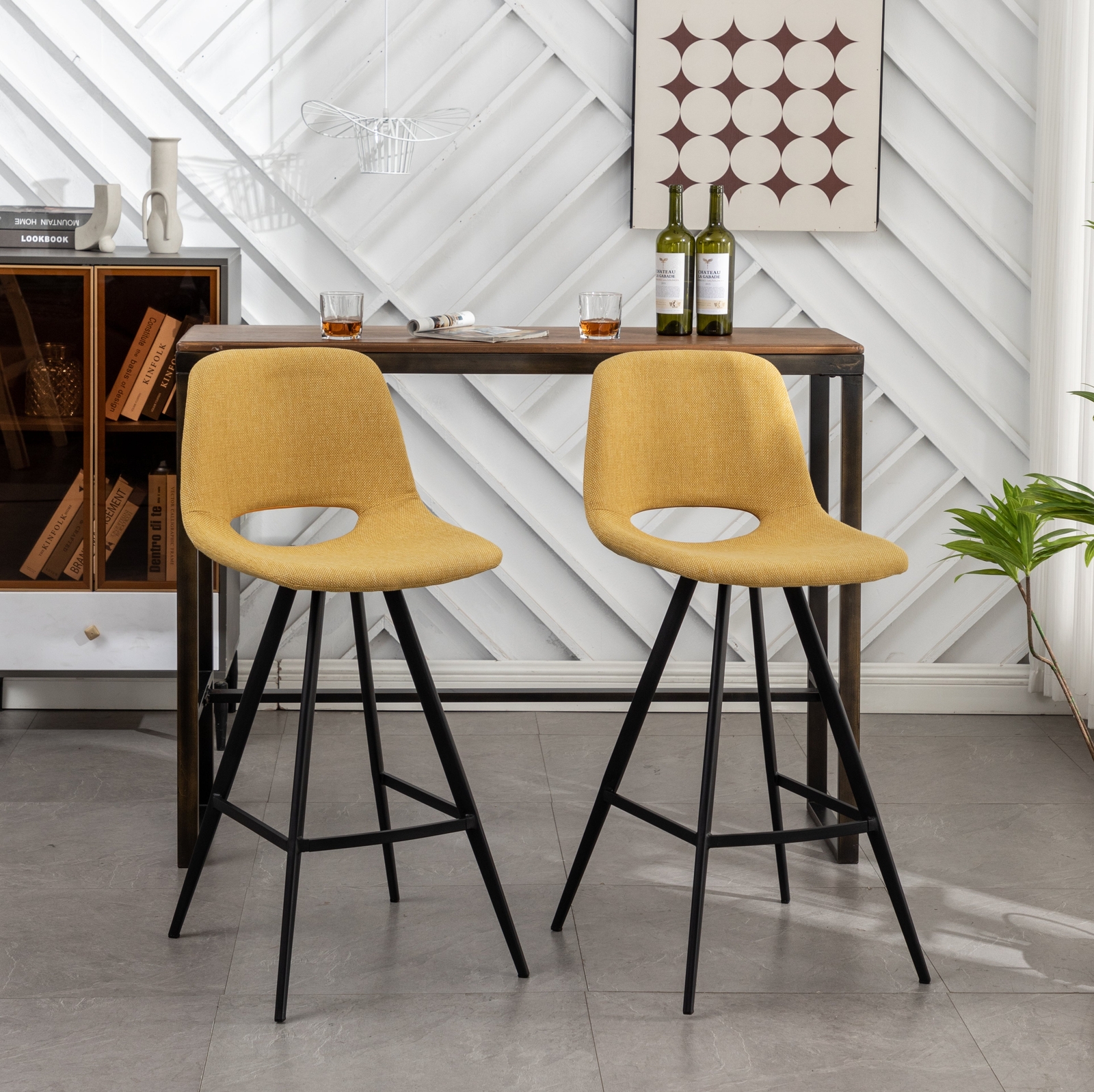 Roundhill Furniture Porth Fabric Kitchen 28.25" Barstools, Set of 2, Yellow