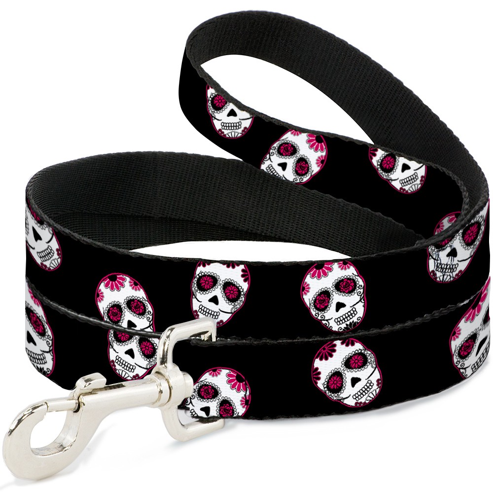 Dog Leash Staggered Sugar Skulls Black/Pink/White
