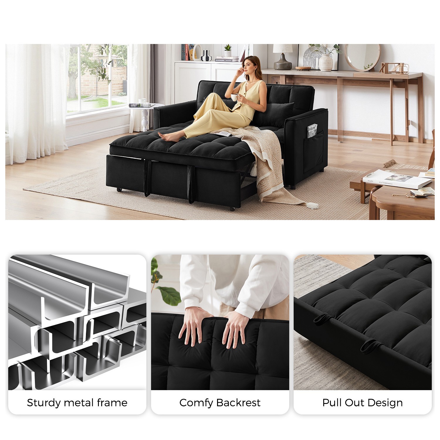 3 in 1 Modern Convertible Sleeper Sofa Bed Loveseat Couch for Small Spaces Black