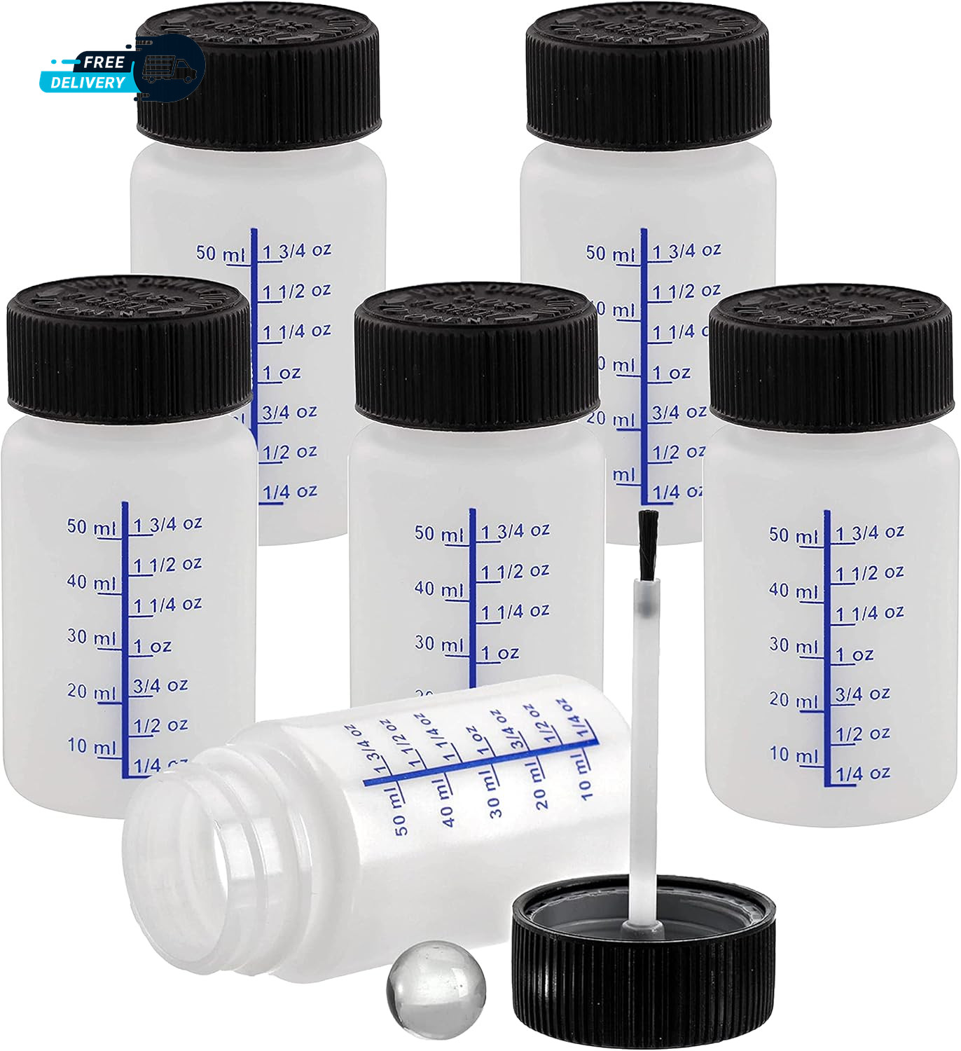6 Pack  2 Ounce   60Ml   Empty Paint Touch up Bottles with Brush Applicator