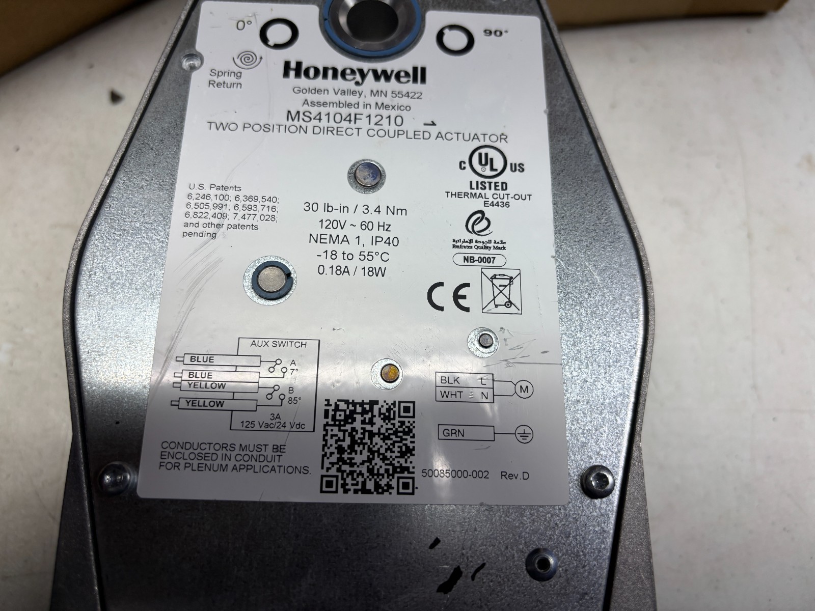 HONEYWELL MS4104F1210 TWO POSITION DIRECT COUPLED ACTUATOR