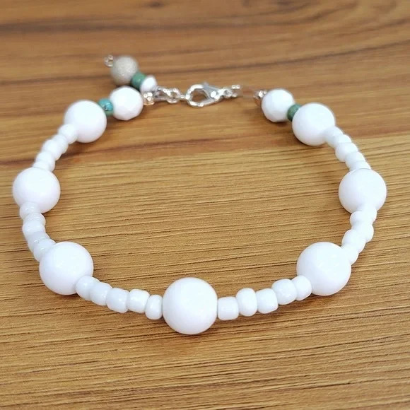 Elegant White and Blue Beaded Bracelet, Ladies White Beaded Bracelet, Handmade