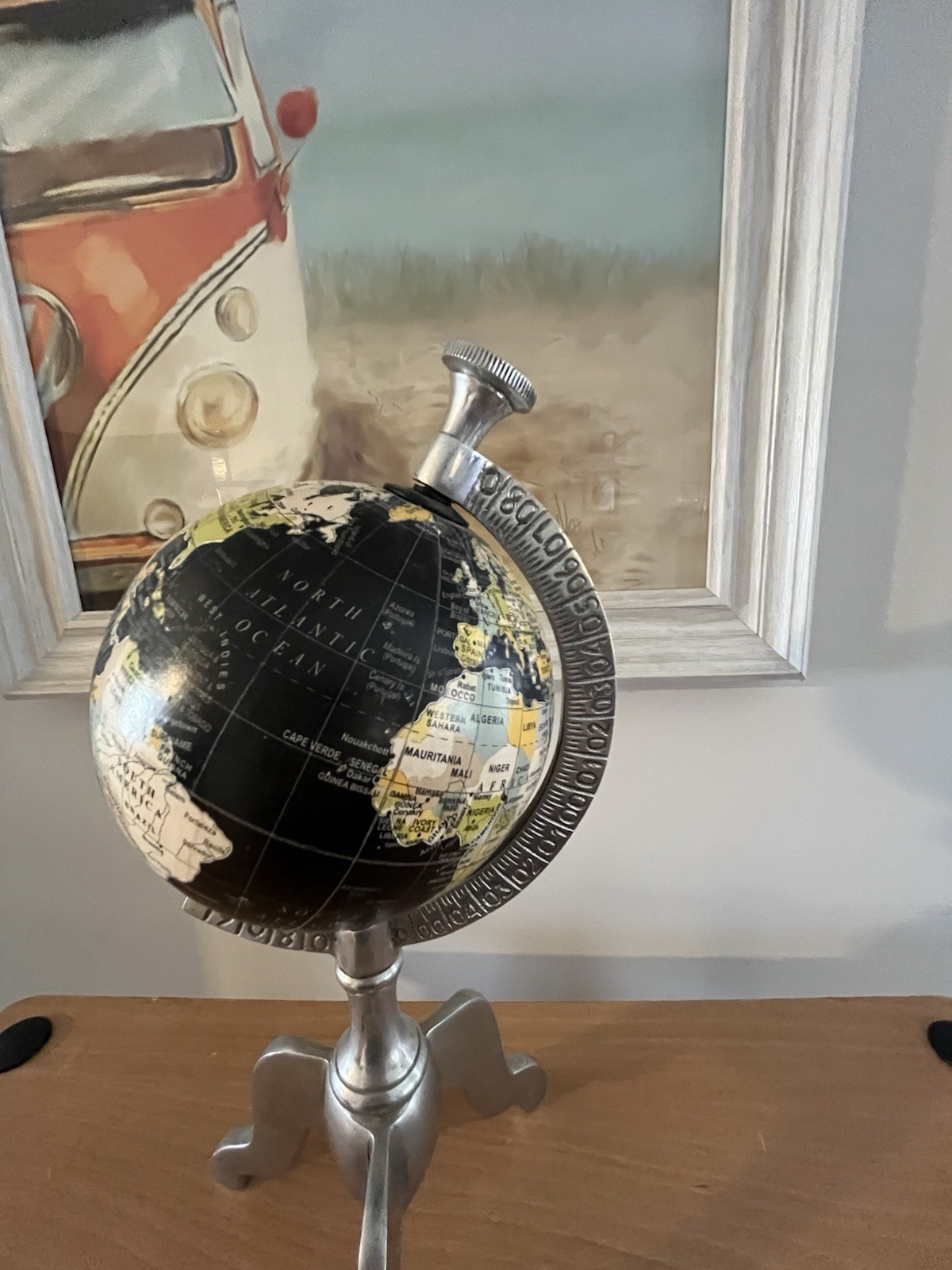 Rotating Globe 3 Prong Chrome Base Black & Sliver Desk Top Excellent Condition