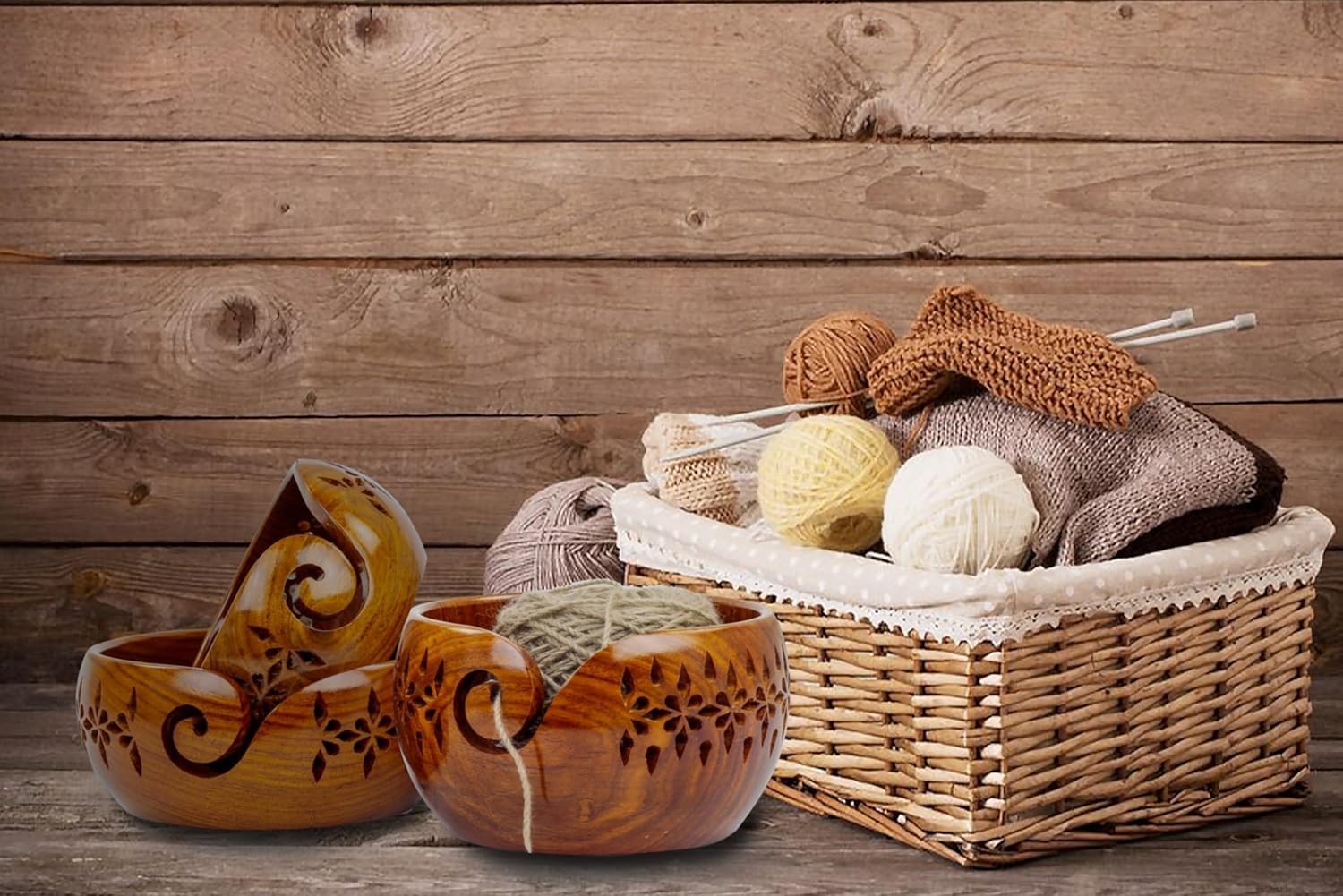 Authentic Rosewood Yarn Bowl Set with Deep Rich Finish for Knitting Accessories