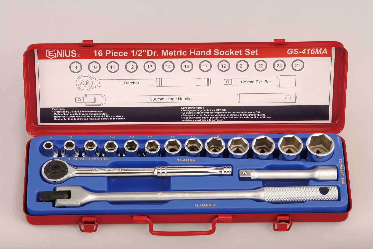 Genius Tools 16 Piece 1/2" Dr. Metric Hand Socket Set - GS-416MA