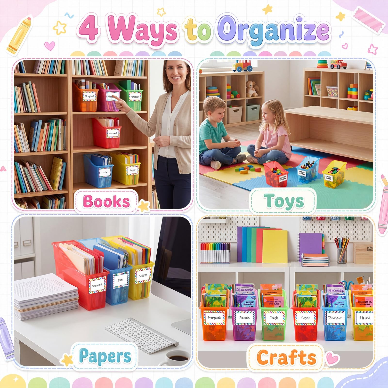12 Set Book Bins for Classroom with Label Sticker Book Box Baskets Plastic St...