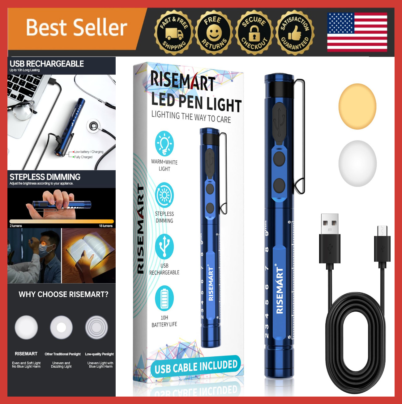 Rechargeable LED Medical Pen Light, Warm/Cool White, Stepless Dimming, Portable
