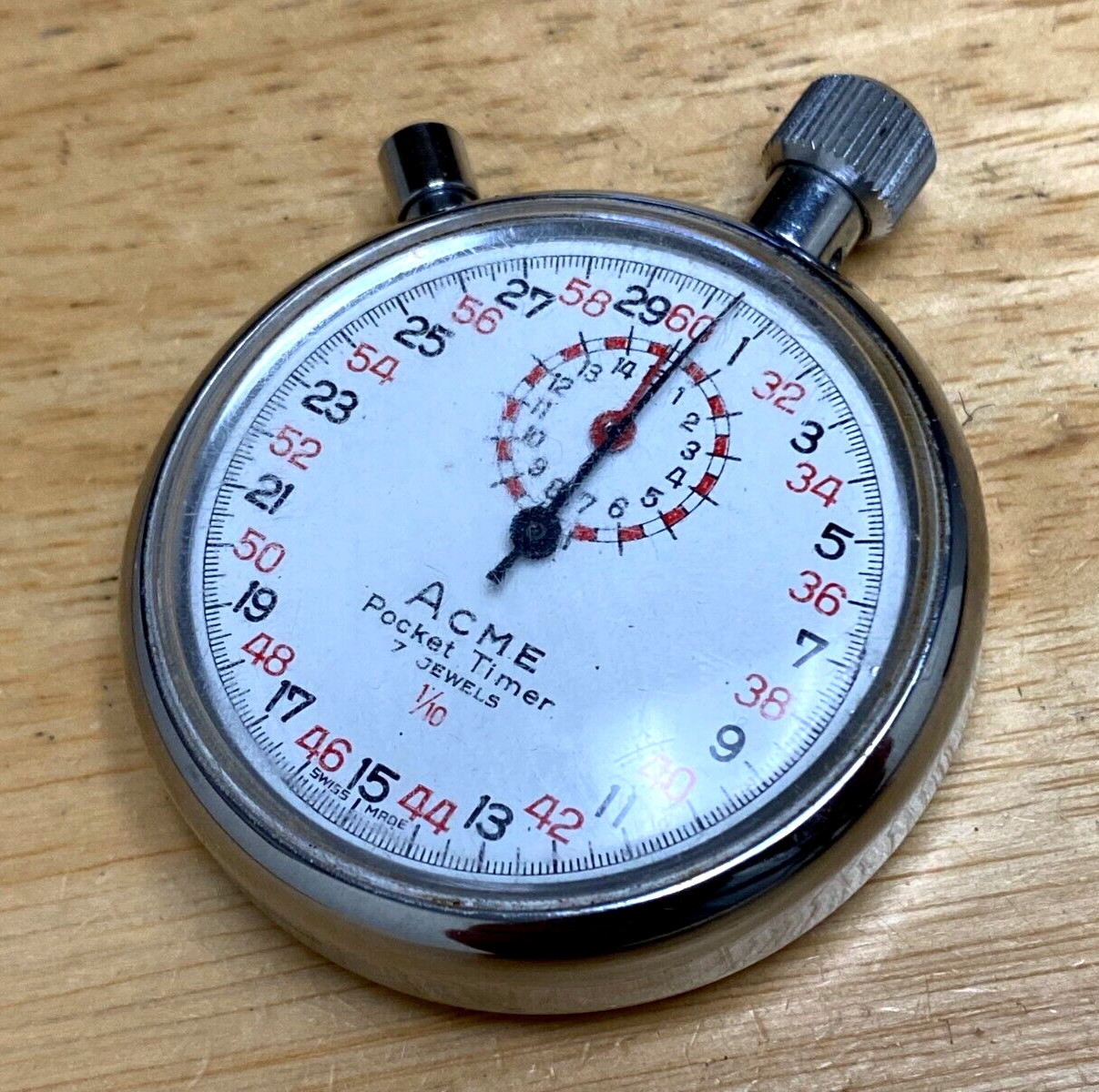Vintage ACME 7J Swiss Stop Watch Silver White Hand-Wind Mechanical Stopwatch