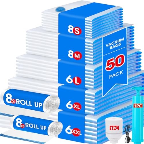 50 Pack Vacuum Storage Bags Set - Space Saver Vacuum 50pcs&electric&hand pump
