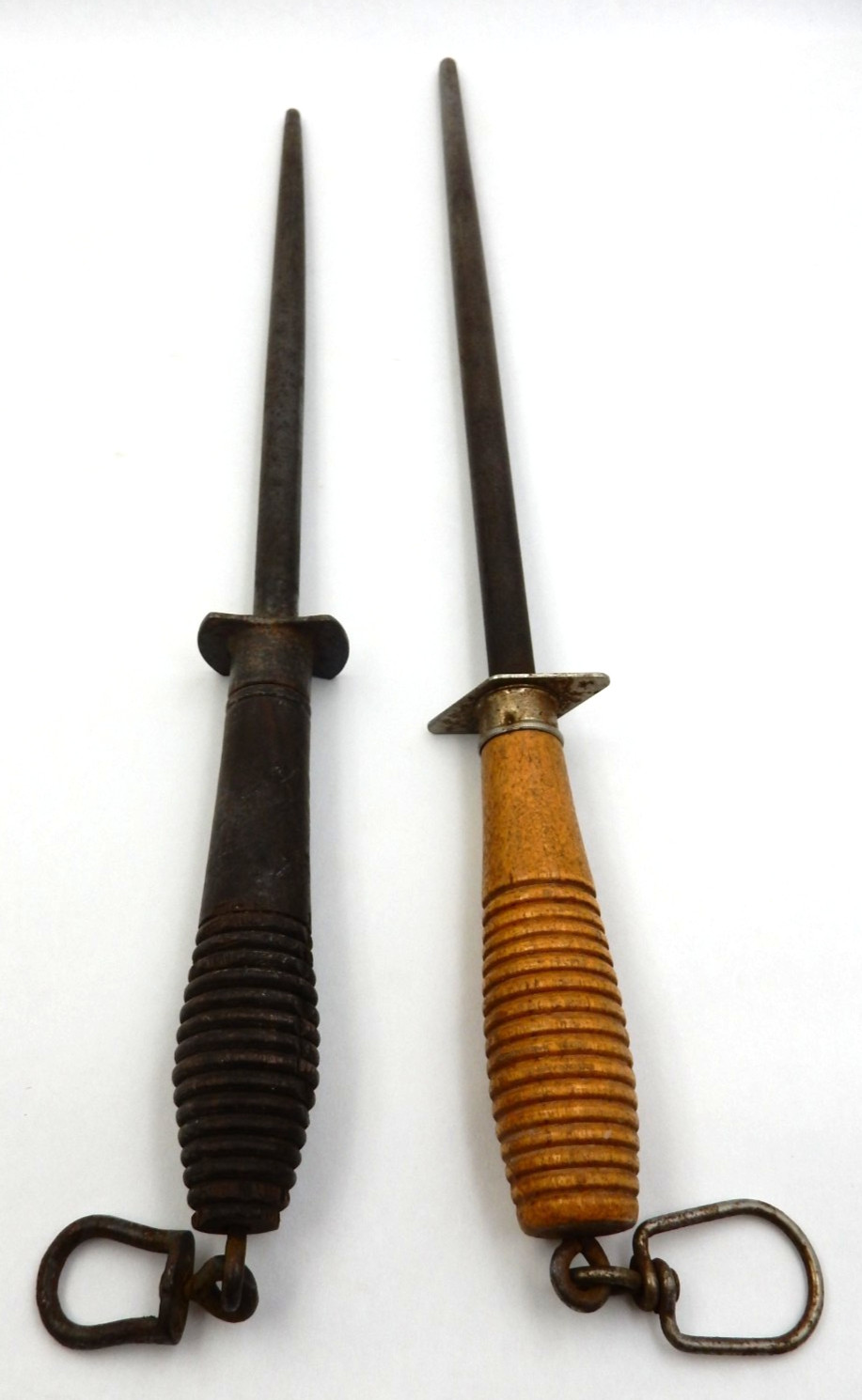 VINTAGE SET OF 2 WOODEN HANDLE STEEL KNIFE SHARPENERS; NEVER-DULL & RUSSELL