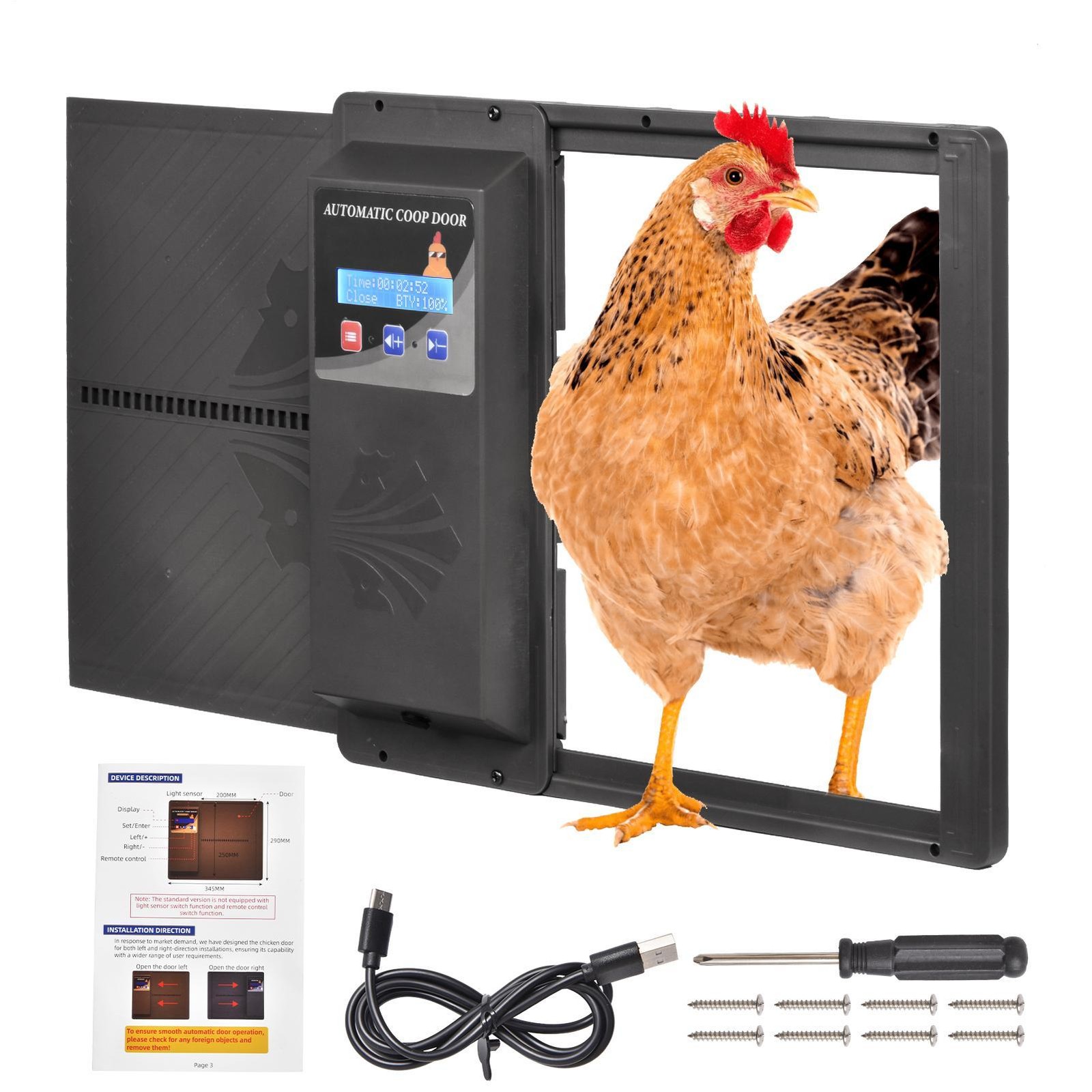 Battery Powered Automatic Chicken Coop Door with Timer Anti-Pinch Design