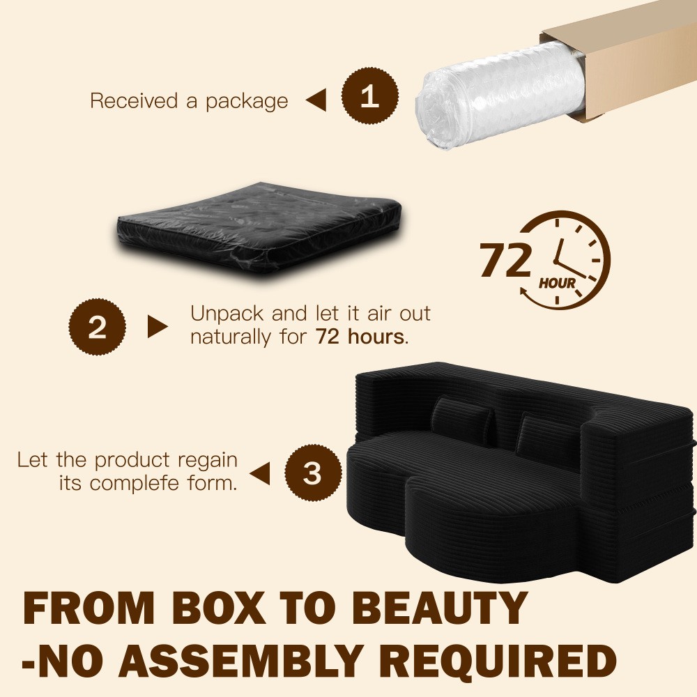 Corduroy Twin Floor Sofa Bed w/ 2 Pillows, Foldable Sleeper Couch, Black