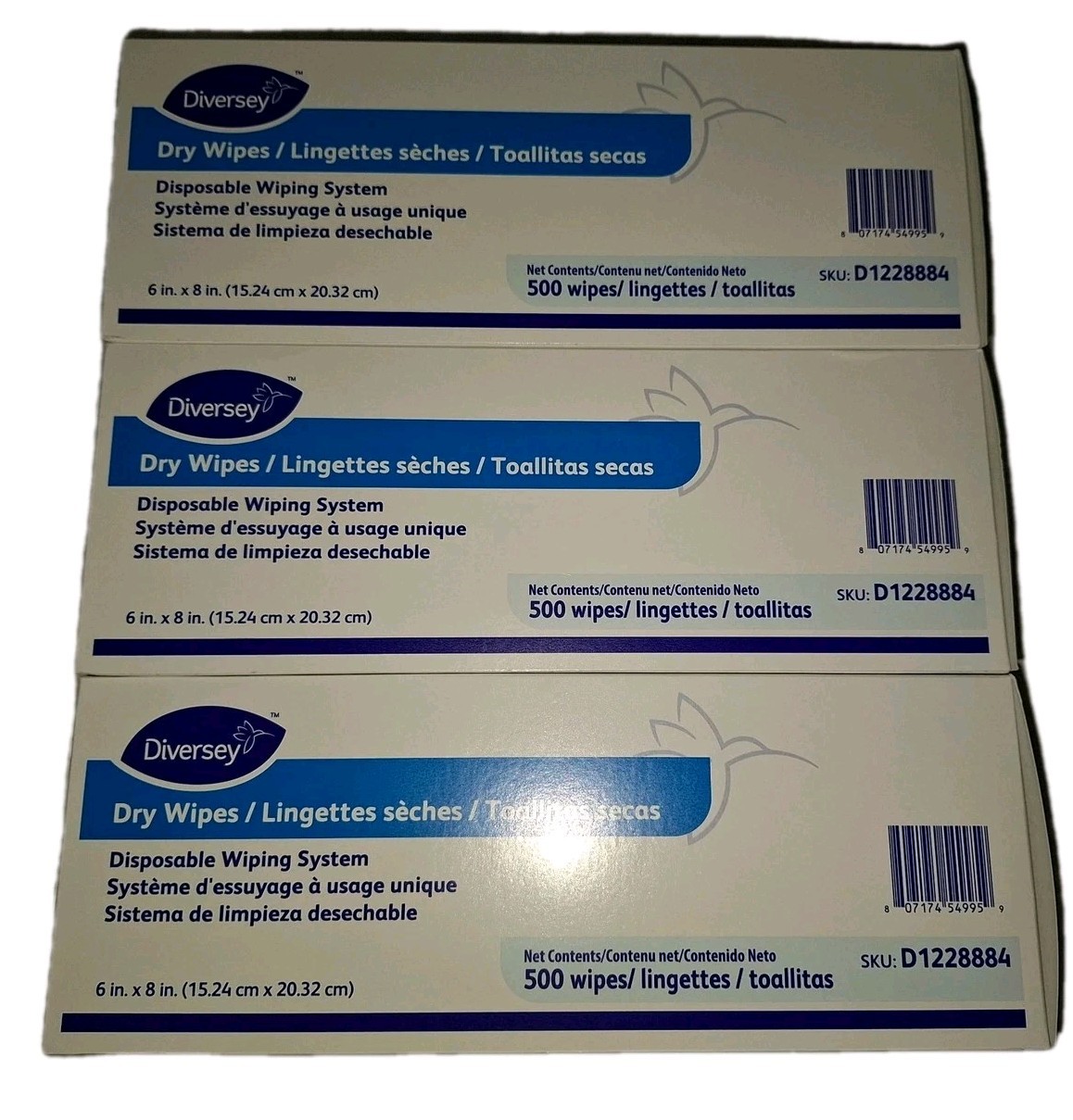 Lot Of 3 Diversey disposable wiping System Dry Wipes  6×8" 500/box NIB