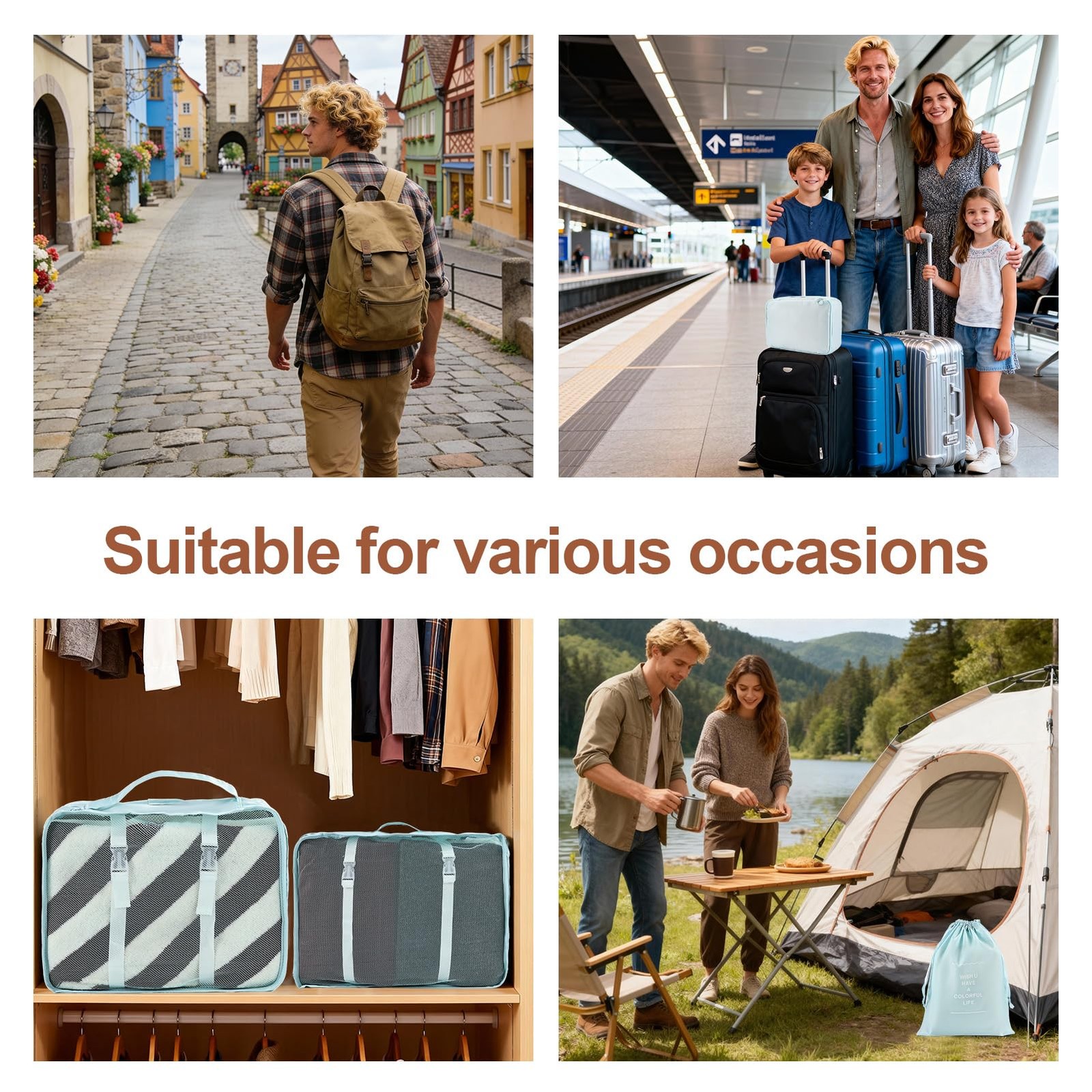 8 PCS Blue Compression Packing Cubes Travel Essentials Suitcase Organizer