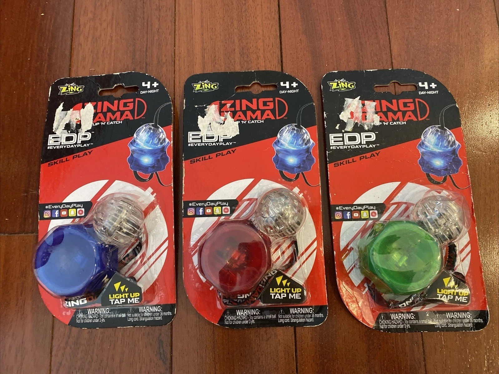 Lot Of 3 Zing Dama Flip 'n' Catch Light-up Fidget Toy Red, Green & Blue New