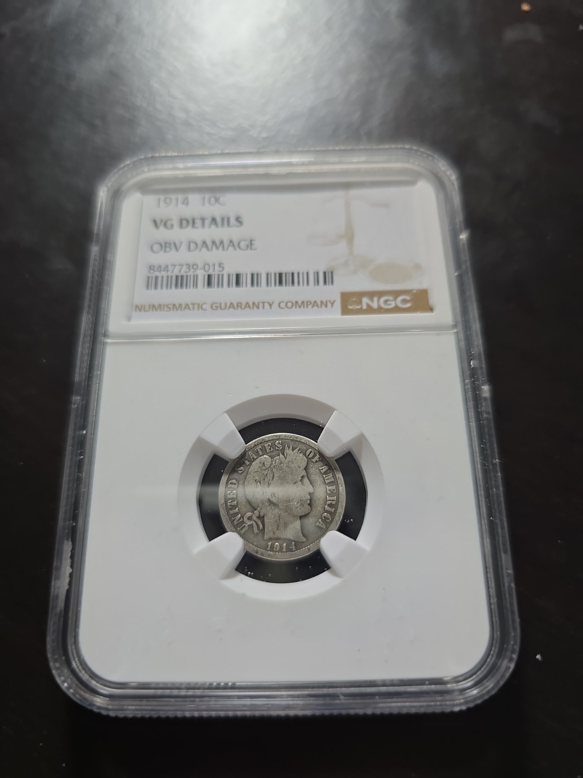 1914 P Silver Barber Dime NGC GRADED COIN --- VG DETAILS OBV DAMAGE