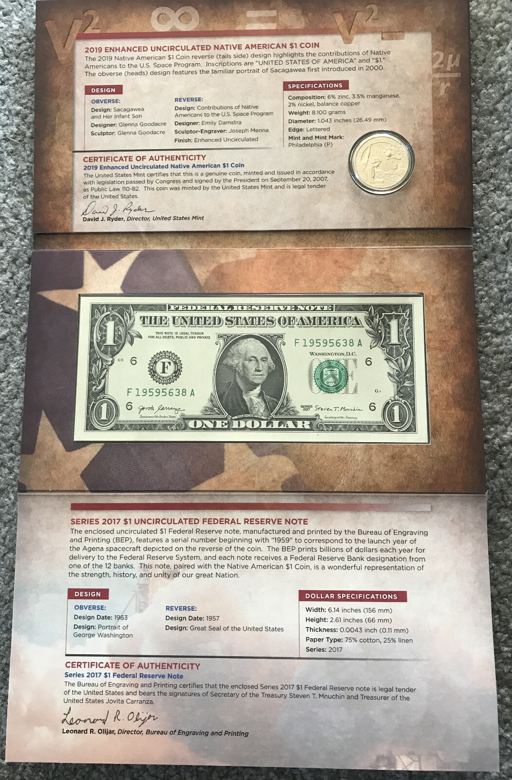 2019 Native American Coin Currency Set Enhanced Sacagawea 19NR *CENTERED NOTE*