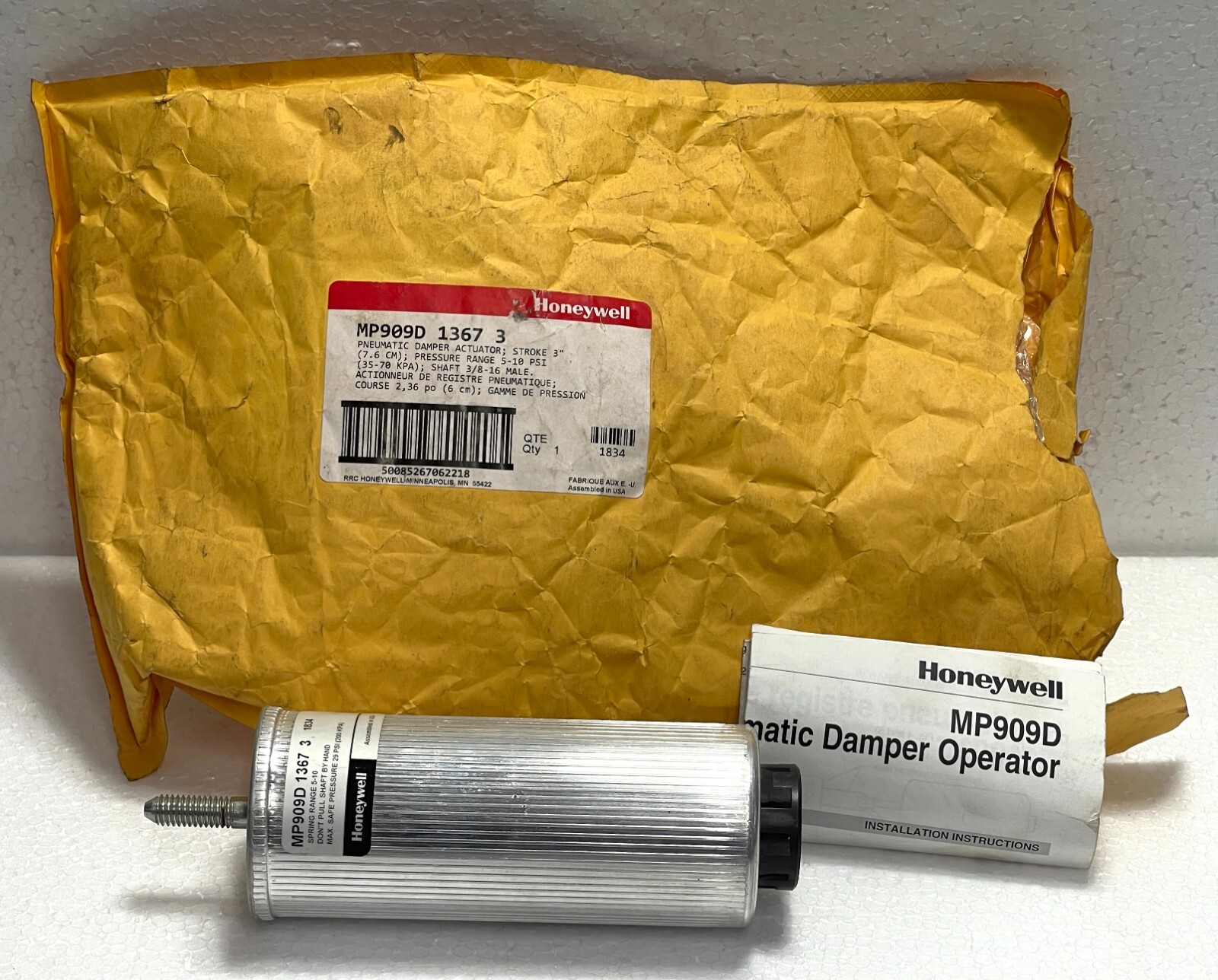 Honeywell MP909D 1367 3 Pneumatic Damper Actuator Stroke 3"