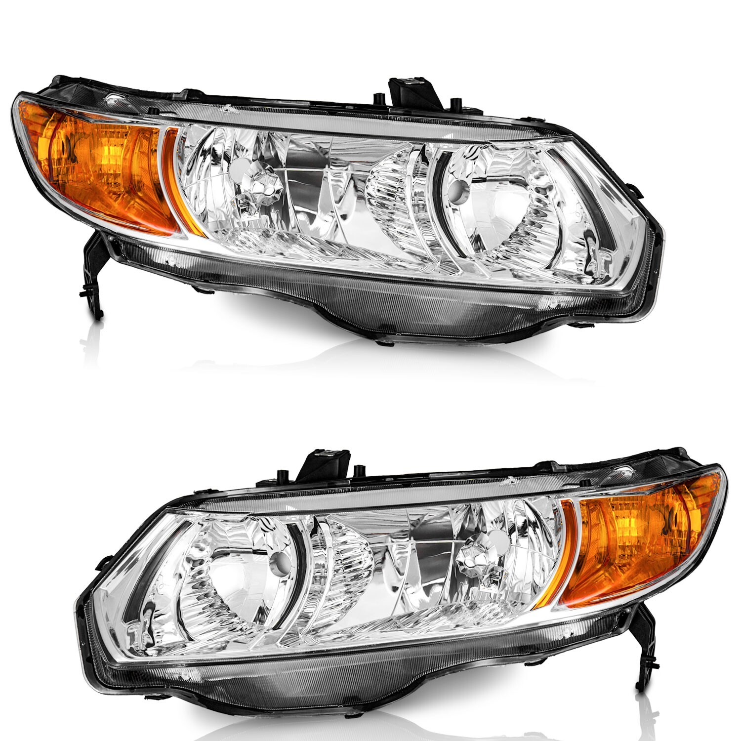 WEELMOTO Chrome Headlights Assembly For 2006-2011 Honda Civic Coupe 2Dr LH+RH