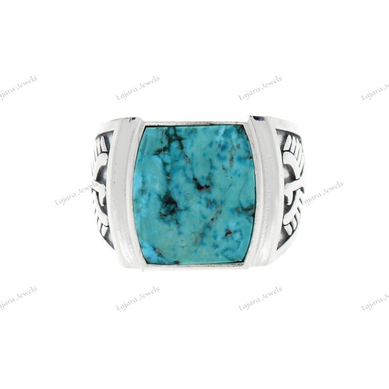Raw Tibetan Turquoise Ring 925 Silver Ring Thunderbird Ring Men Signet Ring