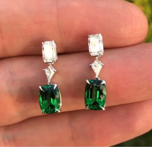 2.20Ct Cushion Cut Lab Created Green Emerald Drop Earrings 14K White Gold Plated