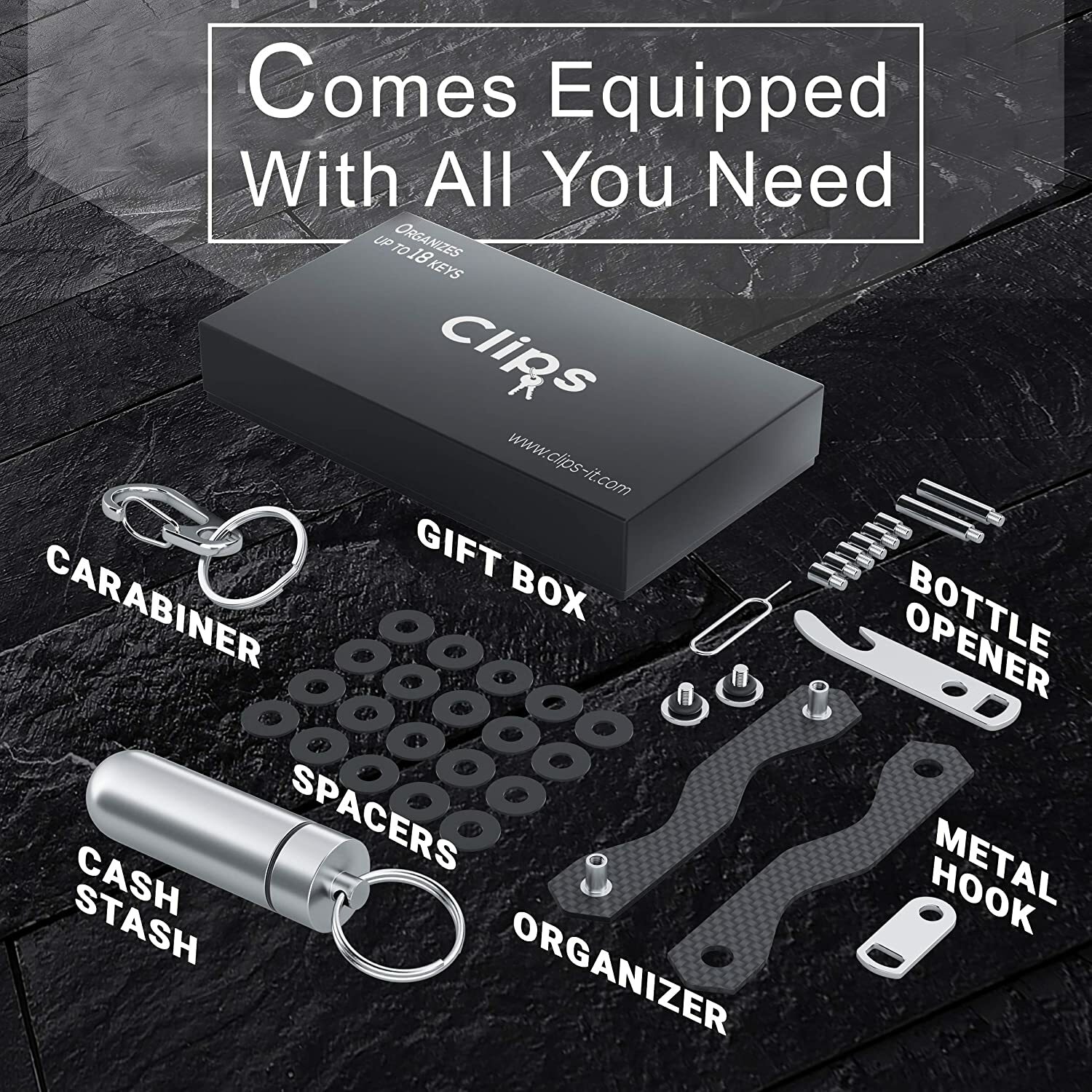 Clips Smart Compact Key Organizer Holder Keychain Carbon Fiber & Stainless Black