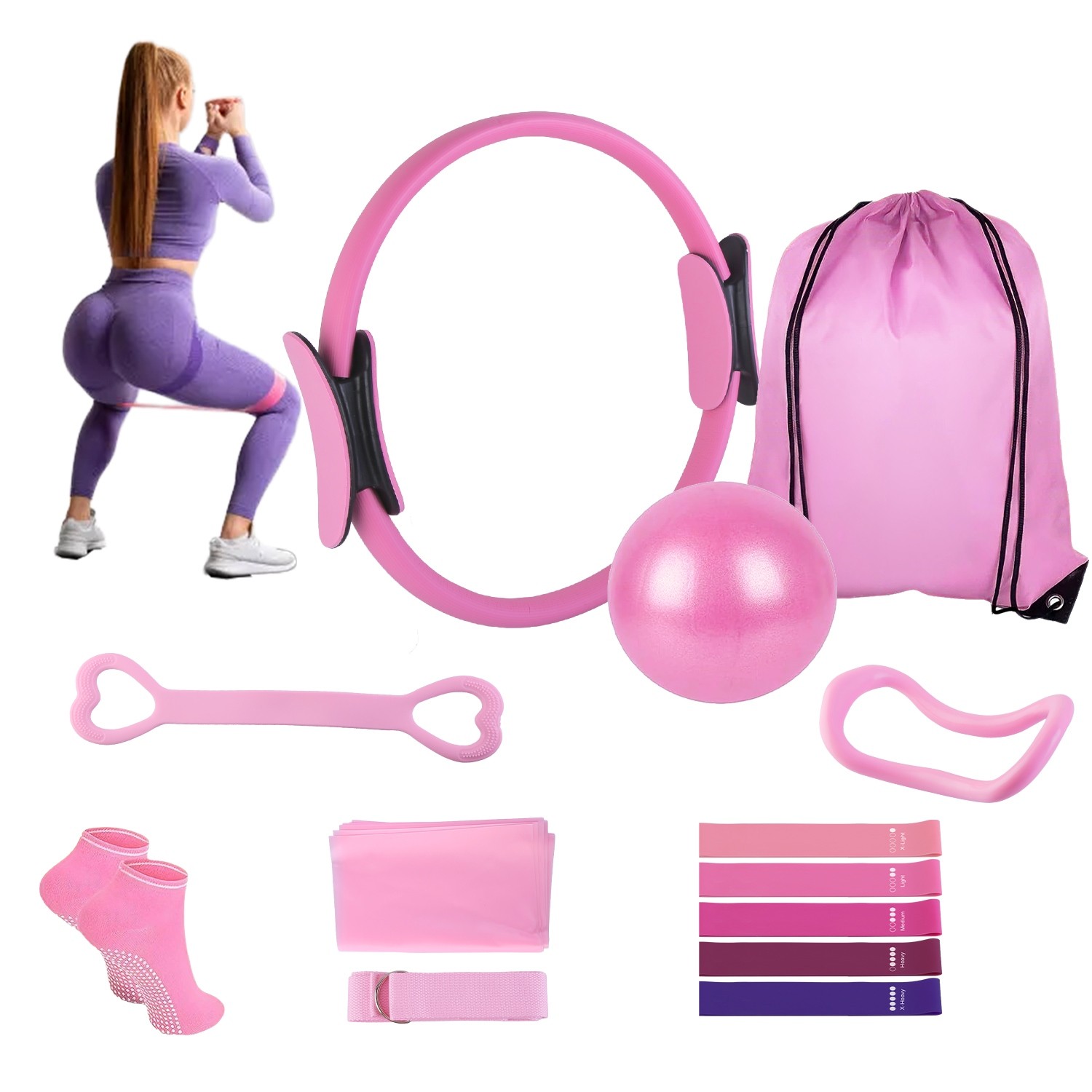 14Pcs Pilates Ring Essentials Kit Yoga Strap For Women & Yoga Ball Arm Stretcher