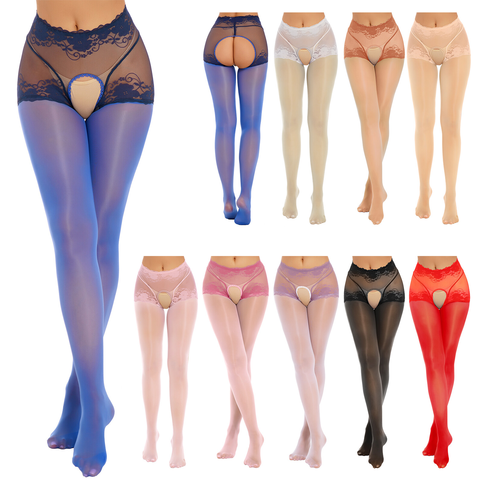 Women's Oil Silk Sheer Pantyhose Hollow Out Suspender Thigh High Stockings