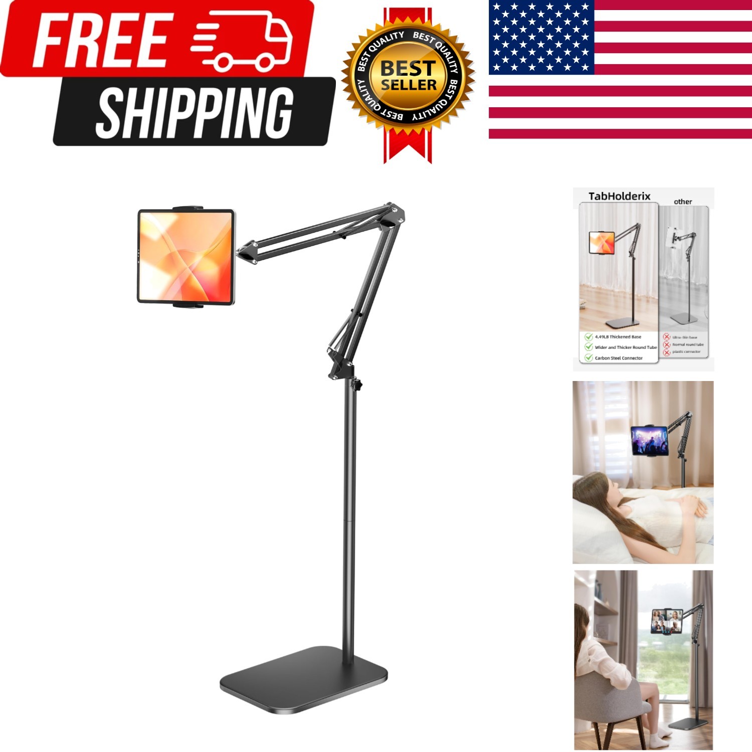 Tablet Floor Stand Holder with 4.5LB Heavy Metal Base,Height Adjustable