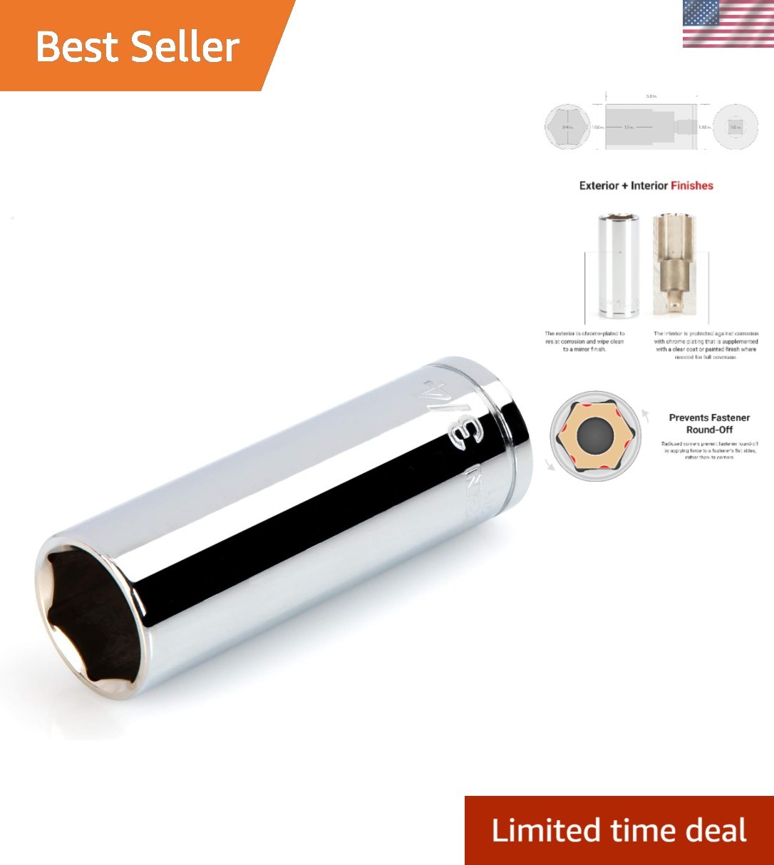 1/2 Inch Drive 3/4 Inch Deep Socket with Large Markings for Easy Visibility