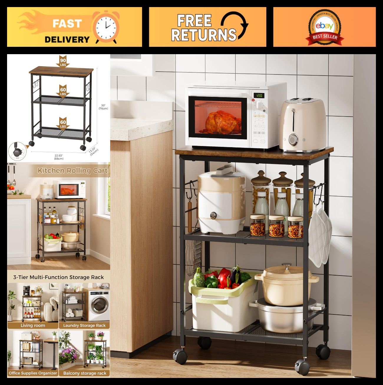 Rolling Kitchen Cart 3 Tier with Storage, Microwave Stand, 4 Locking Wheels, Ver
