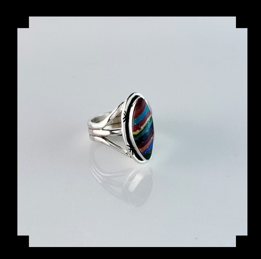 Sterling and Rainbow Calsilica Ring Size 5