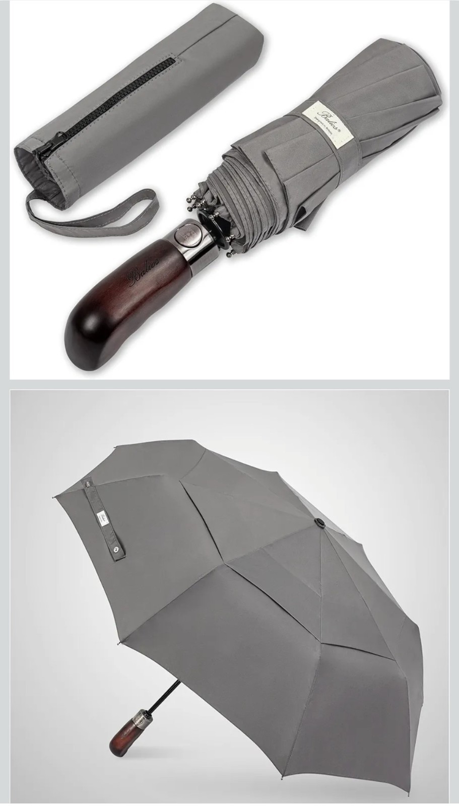 Balios Travel Folding Umbrella with Real Wood Handle Auto Open Close Vented...