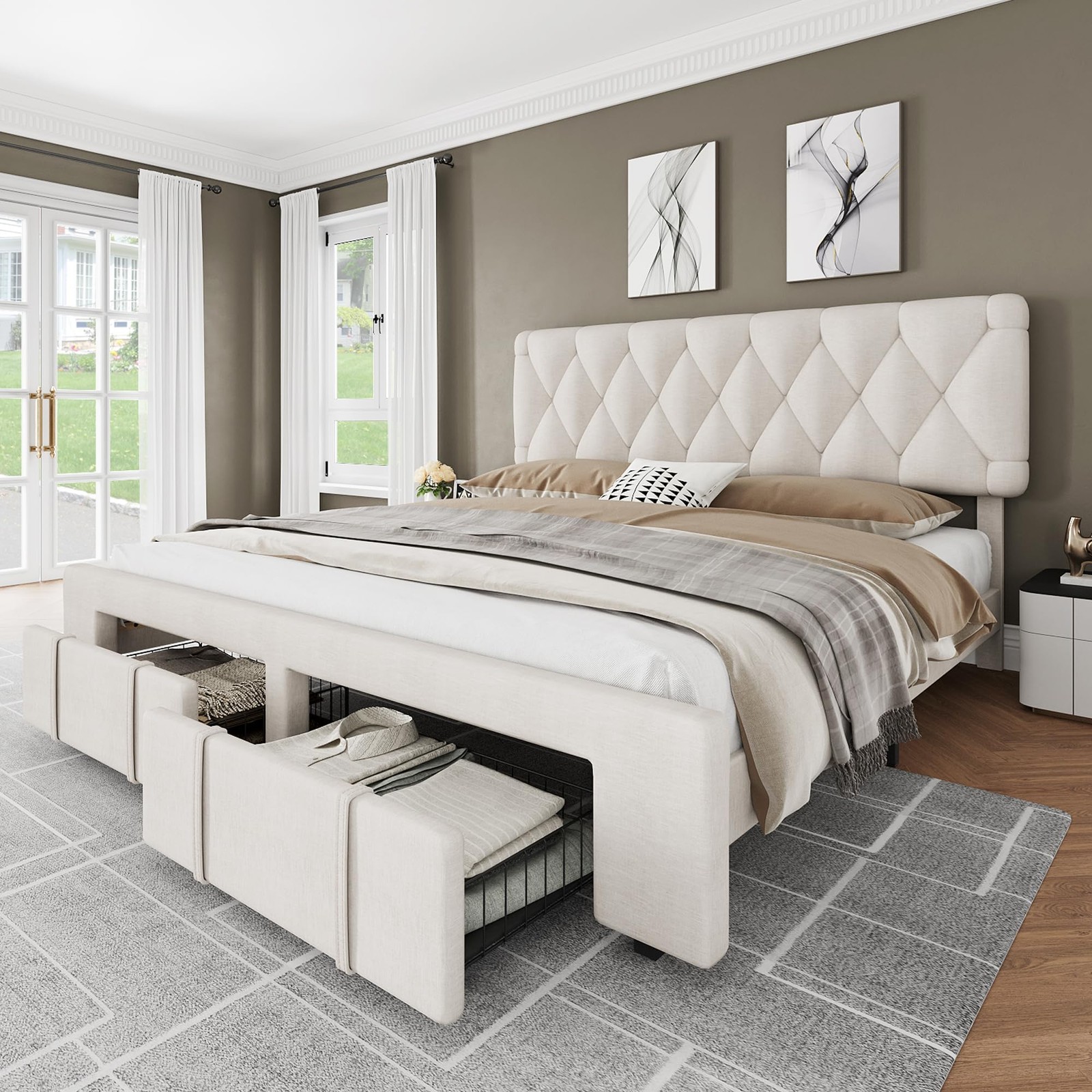 King Queen Full Bed Frame with Storage Drawers, Modern Upholstered Platform Bed