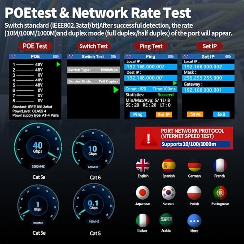 Network Cable Tester with IP Scan PoE Test CAT5 CAT6 Ethernet TDR Cable Length