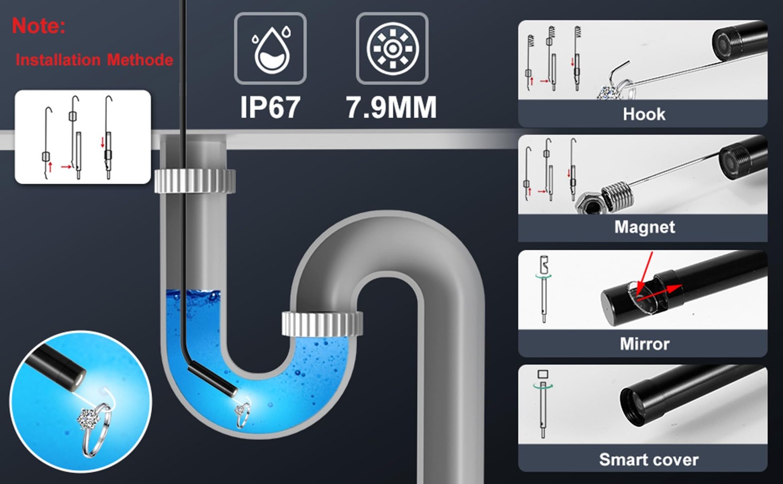 POLEDY Endoscope Camera with Light, 1920P HD Borescope, 8 Adjustable black
