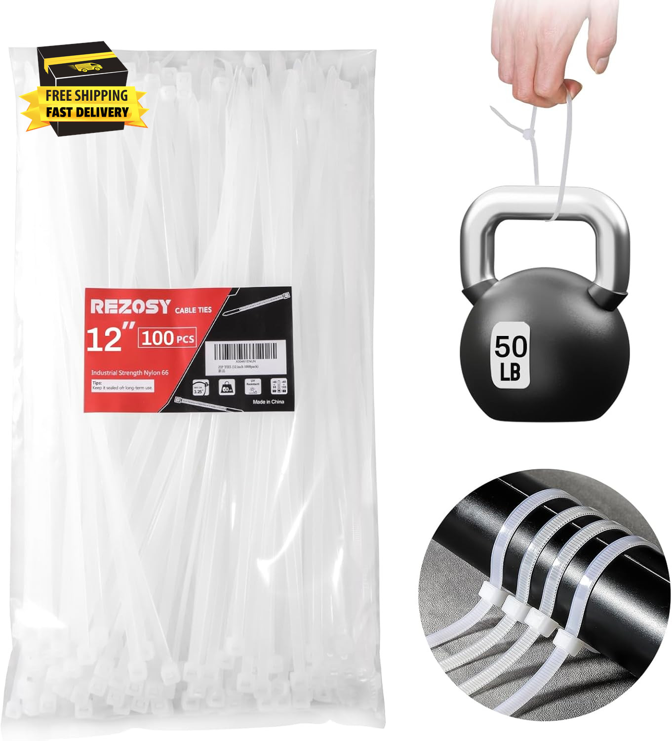 White Zip Ties 12 Inch 100 Pack Clear Tensile Strength 50 Lbs UV Resistant Indus