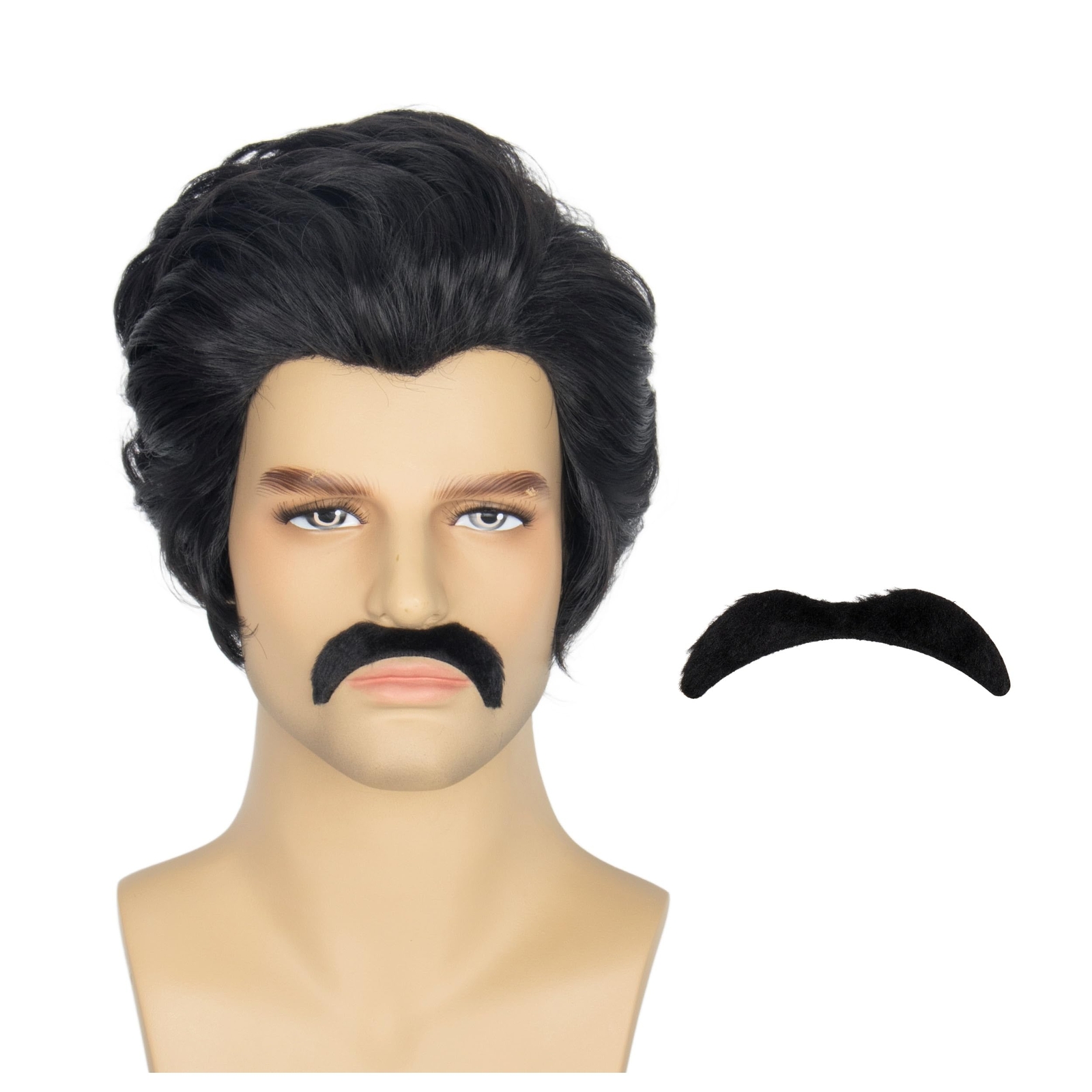 Miss U Hair Man Short Wavy Slicked Back Black Wig Fake Mustache Men's Party C...